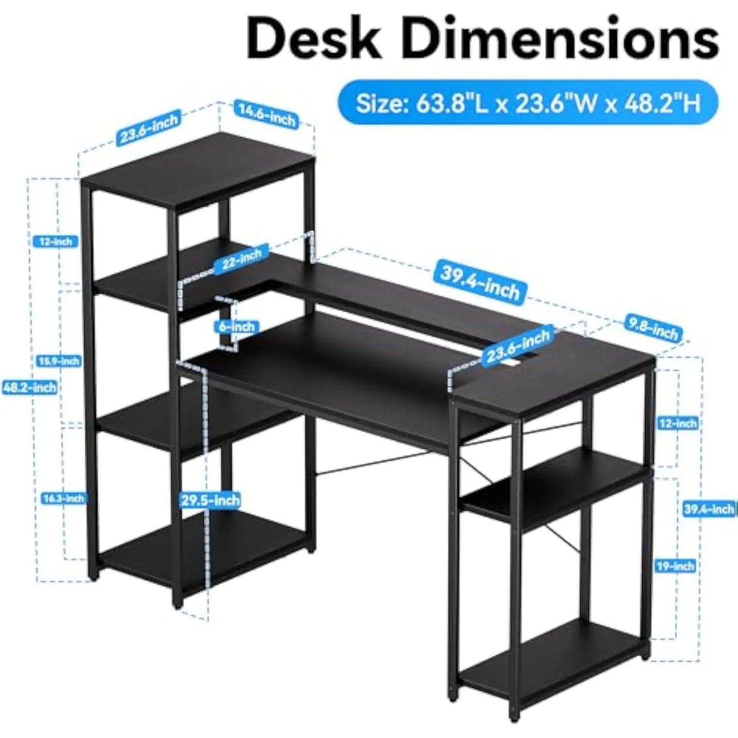 Computer Desk with Storage Shelves, 63 Inch Office Desk with Monitor Stand, Gaming Desk with Cpu Stand for Study, Writing, Pc W - ABORDABLE CREAATION