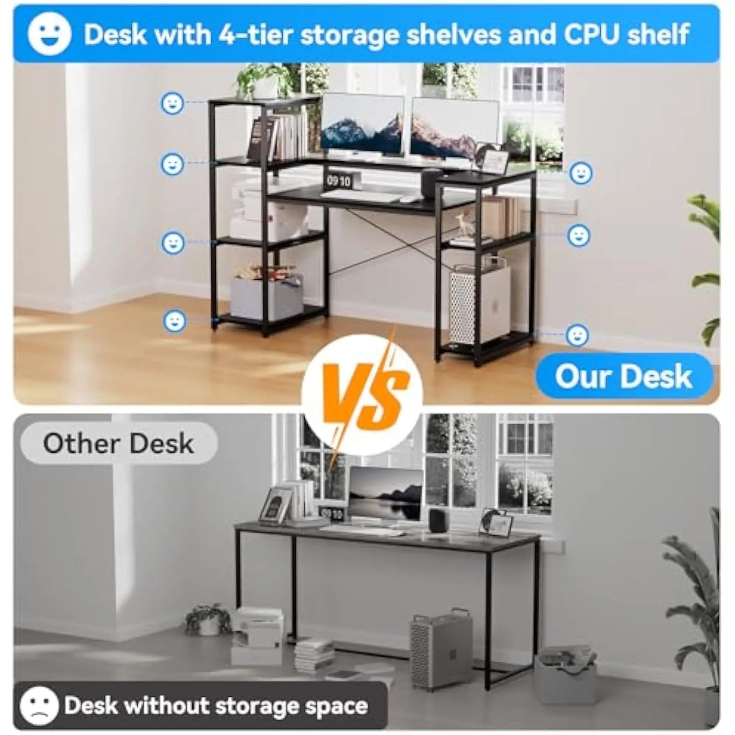 Computer Desk with Storage Shelves, 63 Inch Office Desk with Monitor Stand, Gaming Desk with Cpu Stand for Study, Writing, Pc W - ABORDABLE CREAATION