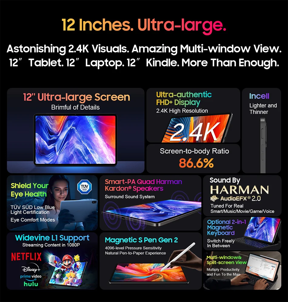 Blackview-Tablette Tab 18 12 pouces, 12 Go + 256 Go, 16MP, 2.4K, écran FHD +, batterie 8800mAh, Widevine L1, MTK Helio G99, 33W - ABORDABLE CREAATION
