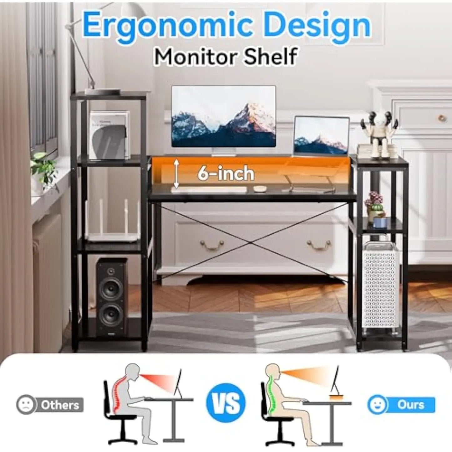 Computer Desk with Storage Shelves, 63 Inch Office Desk with Monitor Stand, Gaming Desk with Cpu Stand for Study, Writing, Pc W - ABORDABLE CREAATION