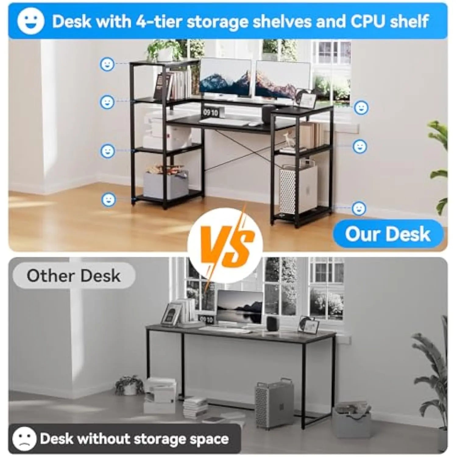 Computer Desk with Storage Shelves, 63 Inch Office Desk with Monitor Stand, Gaming Desk with Cpu Stand for Study, Writing, Pc W - ABORDABLE CREAATION
