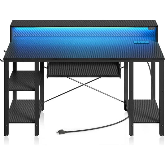 Computer Desk with LED Lights & Power Outlets, 54” Gaming Desk with Storage Shelves, Home Office Desk with Keyboard Tray - ABORDABLE CREAATION